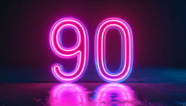 Glowing neon number 90 in darkness, 3D digital art, radiant neon light, dramatic shadows, sleek modern