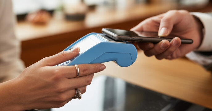 Ecommerce, hands and phone with POS machine for transaction, fintech payment and customer purchase. People, tech and tap to pay with internet banking for checkout process, B2C connection and sales