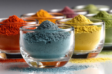 Colorful Holi Festival Powder in Glass Bowls Creating Vibrant Multicolor Abstract Background for Celebration, Culture and Creative Design