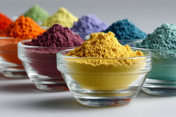 Colorful Holi Festival Powder in Glass Bowls Creating Vibrant Multicolor Abstract Background for Celebration, Culture and Creative Design