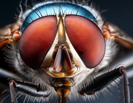 extreme close up of a housefly revealing intricate details of its large red eyes proboscis and hairy body