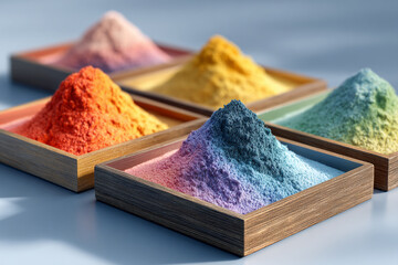 Colorful Holi Festival Powder in Metal Trays Creating Vibrant Multicolor Abstract Texture Background for Celebration and Creative Design