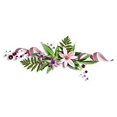 Obraz premium A winter holiday border featuring a branch of a cherry tree decorated with festive red holly berries, green leaves, and seasonal Christmas flowers isolated on a nature-inspired frame