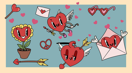 Fototapeta premium Heart vintage groovy characters set. Funny love and Valentines elements. Pink hearted mascots in different poses with faces, emotions with wings. Vector illustrations.