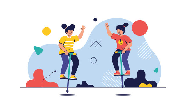 Two happy children jumping on pogo sticks and having fun in a colorful playground with abstract shapes and patterns in the background.