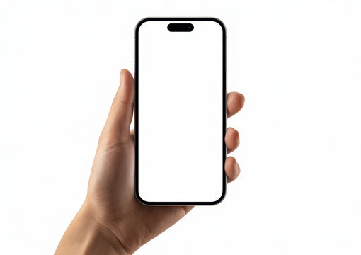 Hand holding smartphone mockup with blank white screen isolated on white background for mobile phone ui app or website design in hands front view. 
