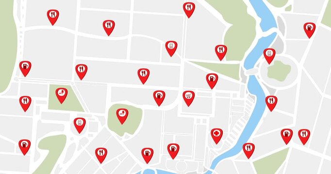 Vector illustration of a city map in GPS navigation style, featuring red location pins marking points of interest such as restaurants, gas stations, parks and public buildings. Ideal for navigation ap