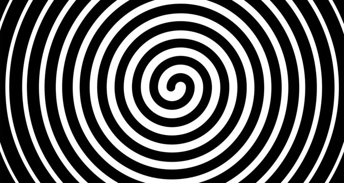 Hypnotic spiral vortex with black and white concentric circles creating optical illusion effect. Abstract geometric pattern with swirling lines and hypnotic radial design.