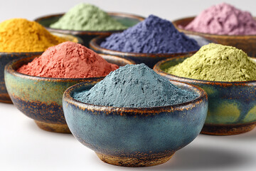 Colorful Holi Festival Powder in Ceramic Bowls Creating Vibrant Multicolor Abstract Background for Celebration, Culture and Creative Design