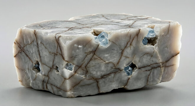 A collectible geological specimen of massive soap anhydrite with white color and fine granular texture and celestite crystals