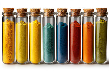 Colorful Holi Festival Powder in Glass Bottles with Cork Lids Isolated on White Background for Celebration and Creative Design