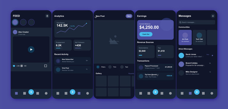 "The visual mood is sophisticated, high-tech, and nocturnal, evoking a sense of focused productivity. The dark mode theme features a deep charcoal background punctuated by vibrant neon blue and purple
