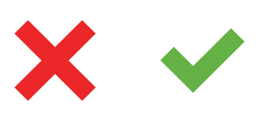 check mark and cross icon set vector, green correct tick and red wrong x symbols isolated on white background, approval error ui illustration