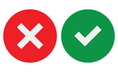 Obraz premium check and cross circle icon set vector, green correct tick and red wrong x symbols isolated on white background, ui status confirmation illustration