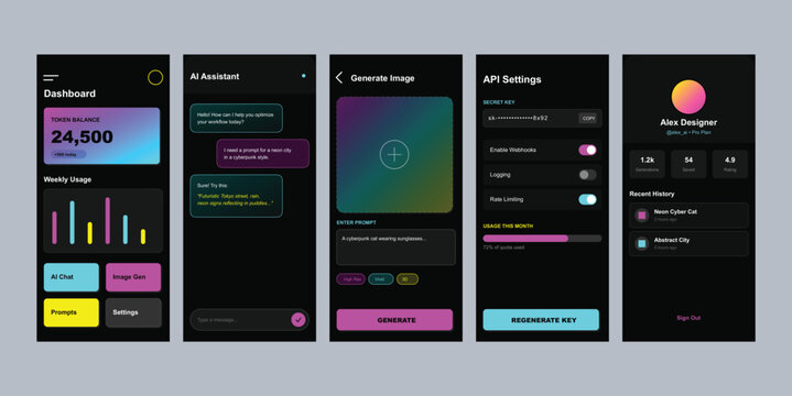 "A sleek, high-contrast mobile UI design featuring a dark mode aesthetic punctuated by vibrant neon cyan, pink, and yellow accents. The layout transitions from a data-heavy dashboard to interactive AI