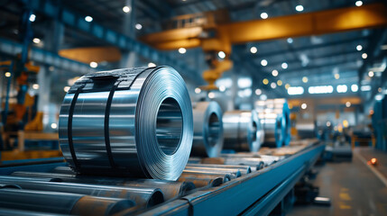 Naklejka premium Large coil of rolled steel on industrial production line, sheet metal processing in modern factory, heavy industry manufacturing background, steel processing scene, defocused coil