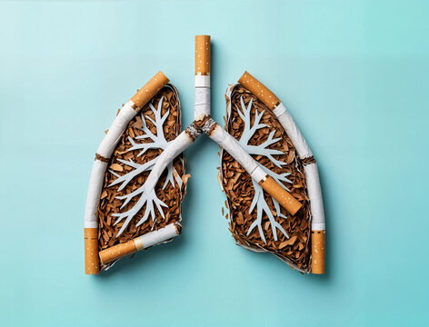 Poumon compos&eacute; de cigarettes et de tabac, concept visuel de lutte contre le tabac, affiche isol&eacute; sur fond bleu, espace vide pour du texte