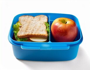 blue plastic school lunch box with a sandwich apple and vegetables isolated on a white background transparent