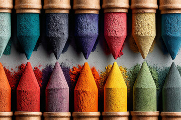 Colorful Holi Festival Powder Cones Arranged in Row Creating Vibrant Multicolor Abstract Background for Celebration, Culture and Creative Design