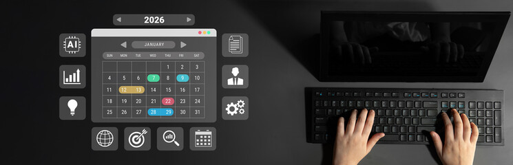 2026 calendar interface surrounded by AI, data, and business icons representing scheduling, planning, and productivity management Parse