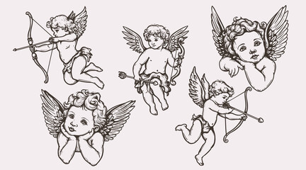 Fototapeta premium Vintage hand drawn Cupids and cherubs set Classic sketch style featuring angels with bows and arrows for Valentine's Day and wedding designs. Vector illustrations.