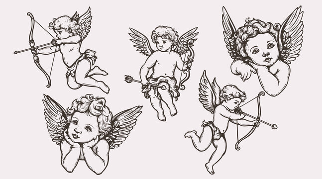 Vintage hand drawn Cupids and cherubs set Classic sketch style featuring angels with bows and arrows for Valentine's Day and wedding designs. Vector illustrations.