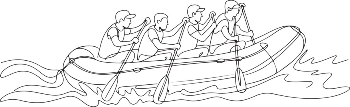 Group enjoying white water rafting. River rafting concept one-line drawing. one line Art icon drawing vector
