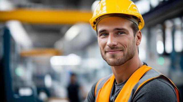 Portrait of smiling male factory worker wearing yellow hard hat and orange safety vest, professional engineer in modern industrial manufacturing plant, faceless worker posing,