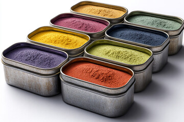 Pastel Holi Festival Color Powder in Round Tins Arranged in Top View Creating Soft Multicolor Abstract Background for Celebration and Creative Design