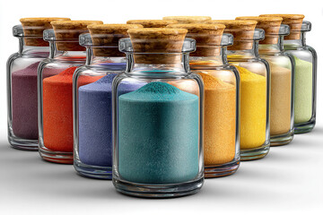 Colorful Holi Festival Powder in Glass Jars Isolated on White Background for Celebration, Culture and Creative Design