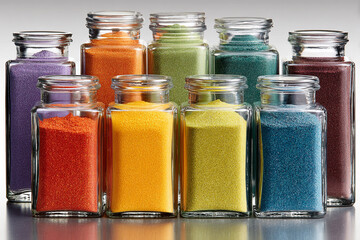 Colorful Holi Festival Powder in Glass Jars Isolated on White Background for Celebration, Culture and Creative Design