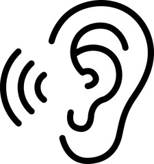 A simple outline icon depicting a human ear with sound waves, symbolizing hearing and audio perception isolated on transparent background