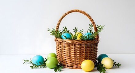 Easter sunday celebration with colorful eggs and wicker basket