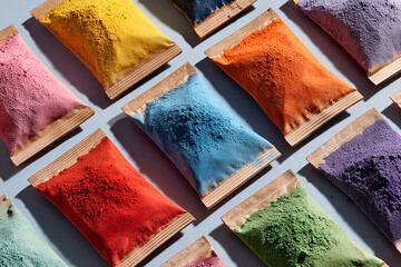 Colorful Holi Festival Powder Sachets Arranged in Flat Lay Creating Vibrant Multicolor Abstract Background for Celebration and Creative Design