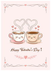 Adorable Valentine&rsquo;s Day artwork featuring two smiling coffee cups forming heart steam, soft pink tones, and a cozy romantic mood ideal for love greetings and festive designs.