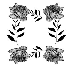 Cornice floreale simmetrica in stile lineart, illustrazione vettoriale nera © sommaria