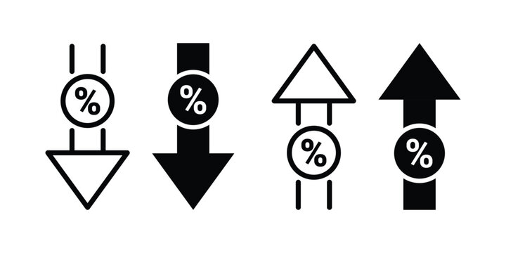 percentage icons. with increase arrow up icon, decrease arrow down icon.  percentage increase and decrease symbols.