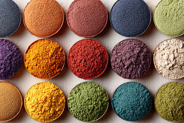 Colorful Holi Festival Powder in Round Bowls Creating Vibrant Multicolor Abstract Background for Celebration, Culture and Creative Design