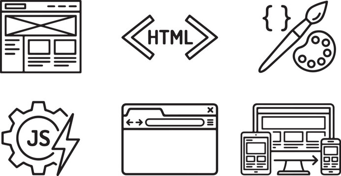 Web Development & UI Design Icons &ndash; Coding, Wireframe and Frontend Line Vector Set