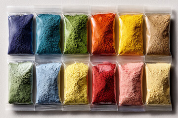 Colorful Holi Festival Powder Pigments in Rectangular Trays Creating Vibrant Abstract Background for Celebration, Culture and Creative Design