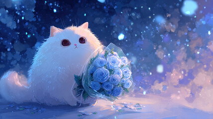 Obraz premium Cute White Fluffy Kitten Holding Glowing Blue Earth Planet in Magical Snowy Winter Wonderland with Stars