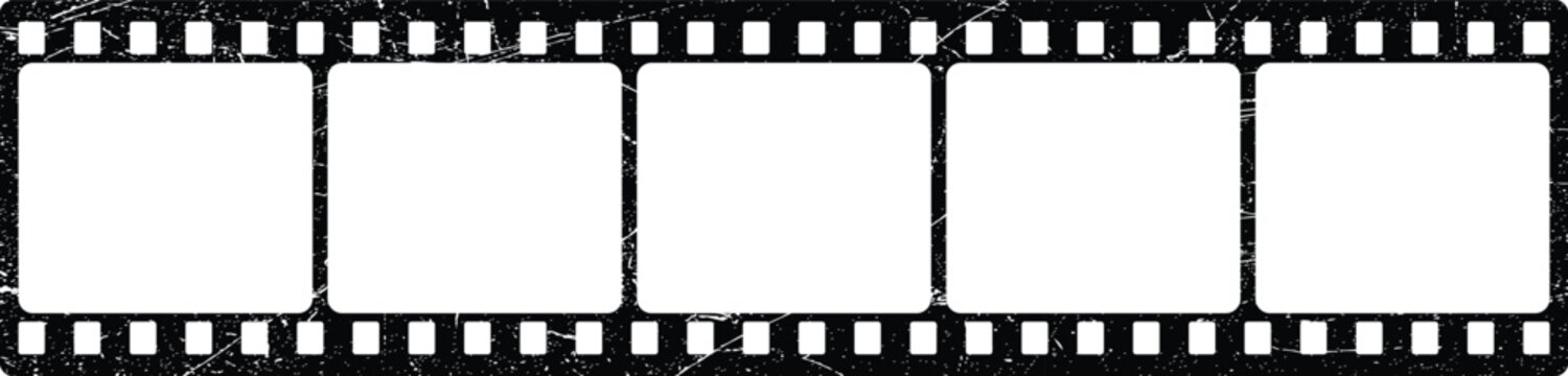 Vintage film strip with five empty frames and scratched texture isolated on transparent background image