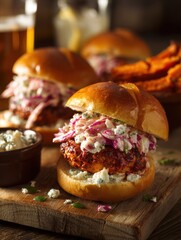 Spicy buffalo chicken sliders with blue cheese and coleslaw on a rustic wooden board. Tasty mini burgers with sweet potato fries and beer in the background. Perfect pub food or party appetizer