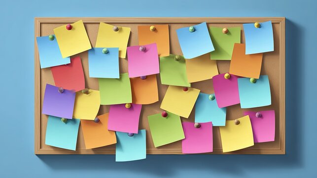 Colorful sticky notes on a bulletin board in an office setting showing various reminders and notes during the workday