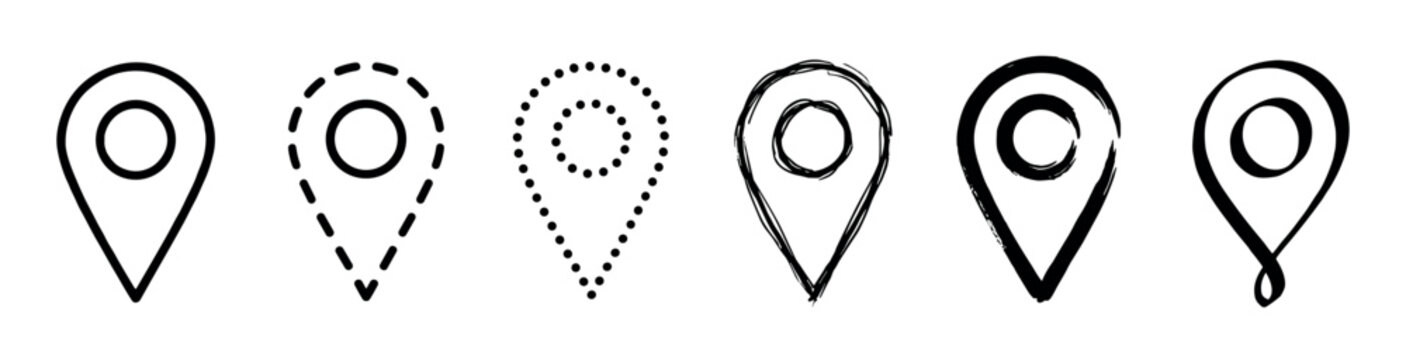 Set of six black location pin icons in various hand-drawn and graphic styles, including sketched, dotted, dashed, and brush stroke for navigation concepts
