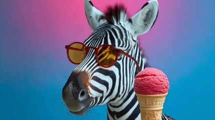 Fototapeta premium Zebra wearing sunglasses poses with a pink ice cream cone against a vibrant gradient background, showcasing a playful and colorful atmosphere in a studio setting
