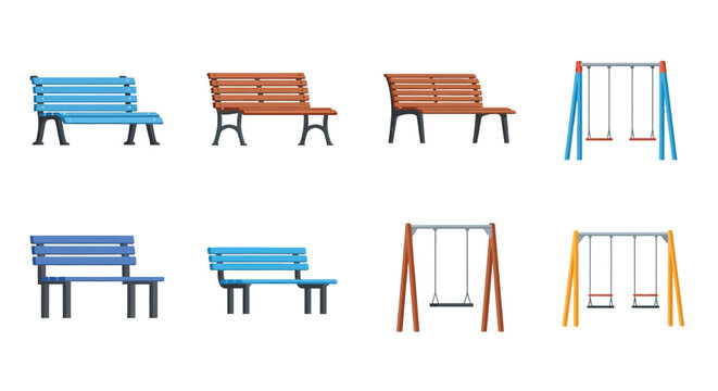 Collection of colorful park benches and playground elements in isometric view