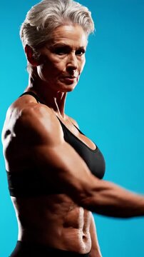 Powerful Senior Woman Bodybuilder Flexing Biceps Muscles in Studio.
