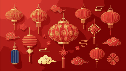 Fototapeta premium Collection of traditional Chinese red lanterns and decorative elements on a red background with golden accents.