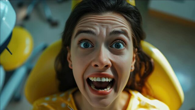 A woman's surprised expression while seated in a dentist's chair with her mouth open wide. She appears to be reacting to something unexpected during dental treatment.